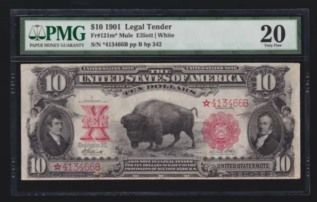 US 1901 $10 Bison Legal Tender STAR NOTE* FR 121m* PMG 20 VF (466)