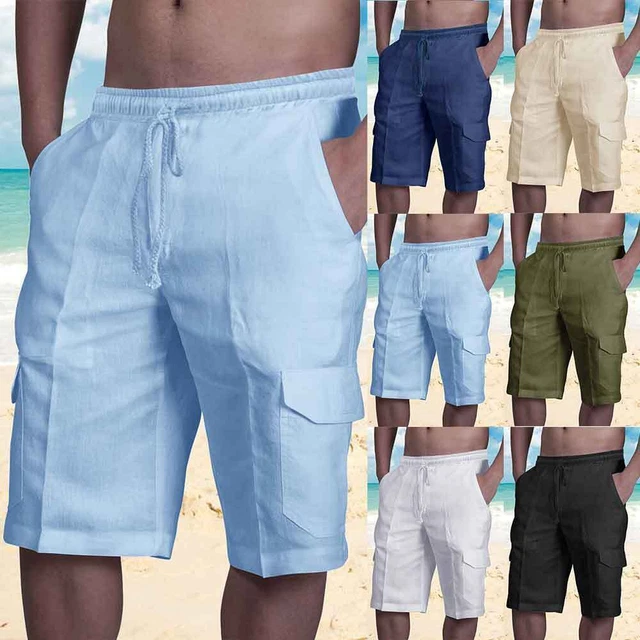 Mens Cotton Linen Shorts Drawstring Elasticated Loose Casual Beach Half Pants US