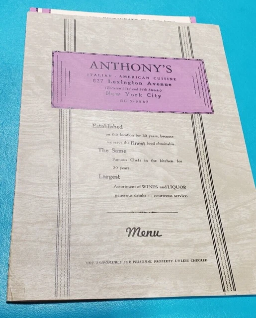 VINTAGE ANTHONY'S RESTAURANT Menu NEW YORK CITY Italian American