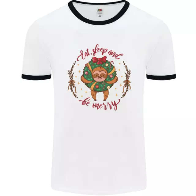 Maglietta da uomo Sloth Eat Sleep & Be Merry divertente Natale bianca