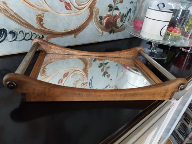 Ancien plateau miroir de service Art Déco en bois & métal – La Roue du Passé