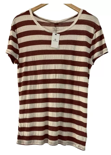 Volcom Lived In Rib Tee Burgundy Ivory Striped T-Shirt Women’s Size Medium New