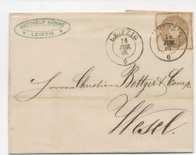 SACHSEN 1865, 3 Ngr als EF auf Pra.-Brief mit K2 „LEIPZIG“ nach WESEL