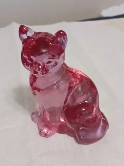 Vintage Rare Fenton Madras Pink Sitting Cat Handmade Art Glass Figurine.