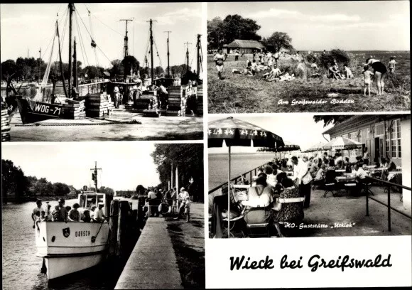 Ak Wieck Hansestadt Greifswald, Partie am Ufer, HO-Gaststätte Utkiek - 2901927