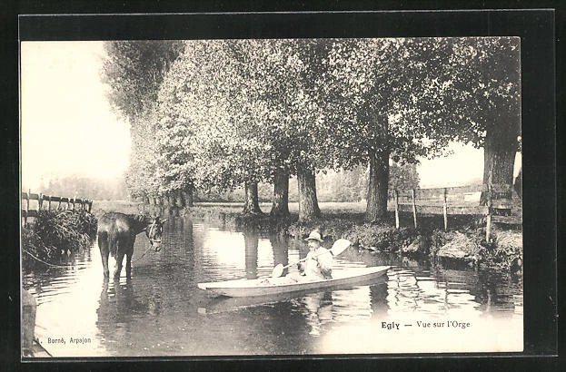 CPA Egly, Vue sur l´Orge, Mann im kleinen bateau à rames