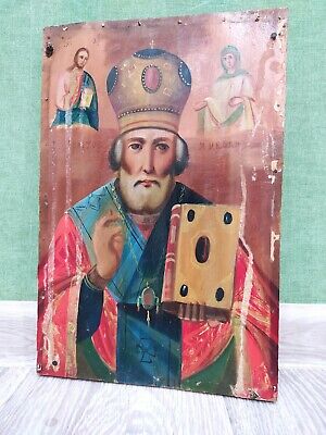 Antique 19th Russian Hand Painted Wood Orthodox Icon of St Nikolas