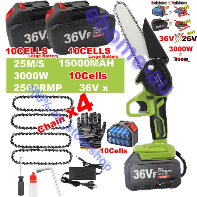 6" Mini Cordless Electric Chainsaw 2X Battery-Powered Wood Cutter Rechargeable