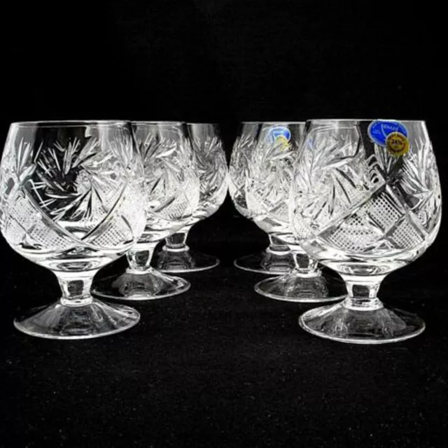 Set of 6 Russian Cut Crystal Snifter Glasses 5 oz - USSR Soviet Cognac Goblet