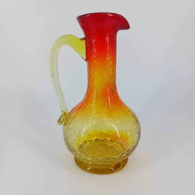 MCM Amberina Crackle Pitcher Bud Vase Applied Handle 6" Red Orange Yellow