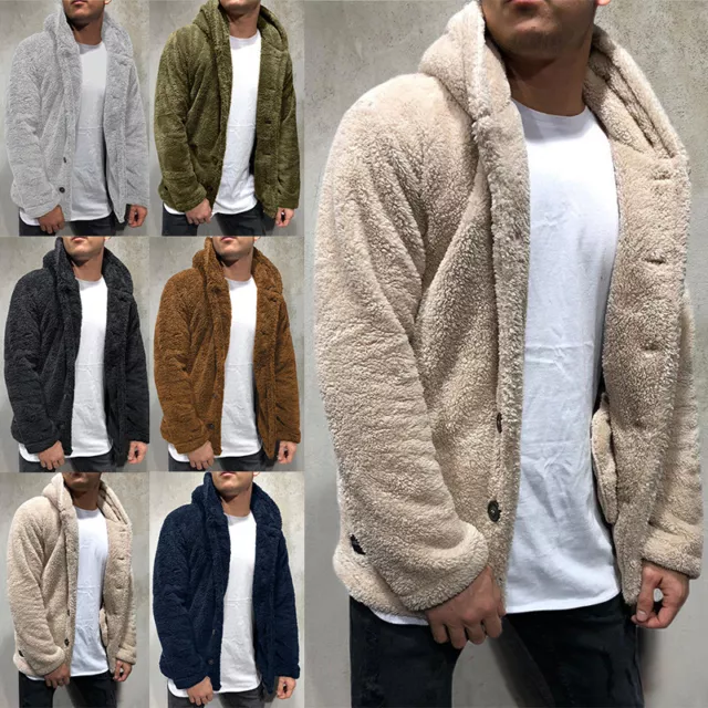 Mens Teddy Bear Fluffy Fleece Cardigan Winter Warm Hooded Jacket Hoodie Coat