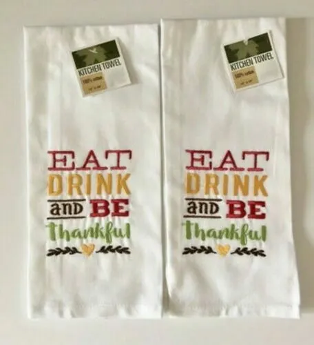 Thanksgiving Embroidered Thankful Dish Towels Set of 2 100% Cotton Sack Cloth