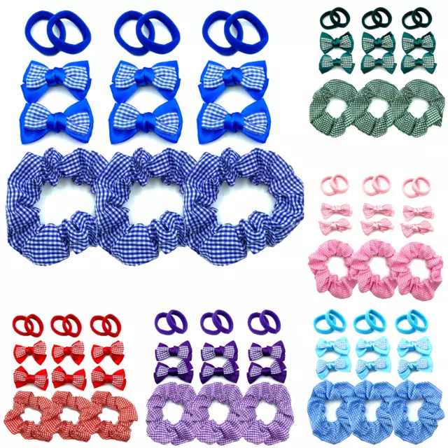 15 Piece Girls School Gingham Hair Accessories Set Bow Clips Scrunchies Ponios