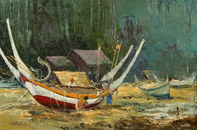 Mohamed Zain Idris Pintura Al Óleo Älter Malasia Malakka Botes Fischer Strand