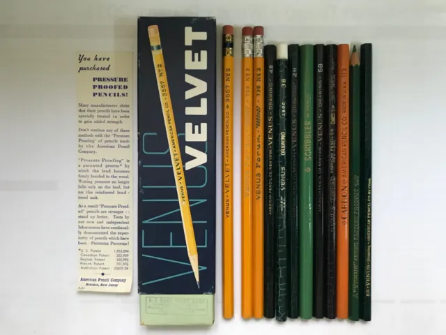 12 Vintage American/Venus Pencils: Velvet, Forum, Scribbler, Carbon, Venus