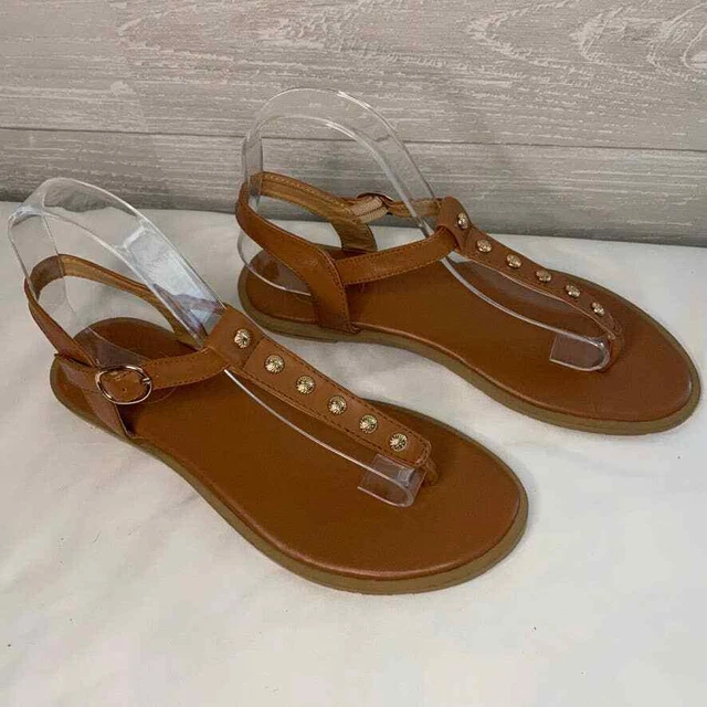 Jack Rogers Brown Leather Gold Beaded Flat Sandals - Size 8