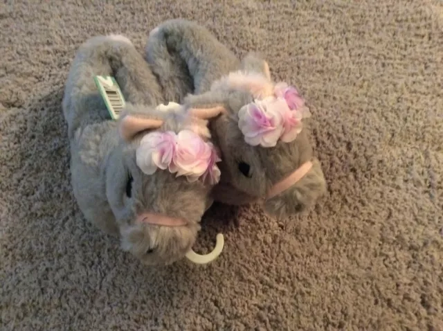 BNWT New Monsoon Faux Fur Slippers - UK Kids 9-10 EUR 27-28 - Grey Unicorn