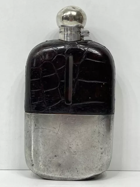 Antique crocodile and silver plated  large hip flask by James Dixon&Sons c.1900