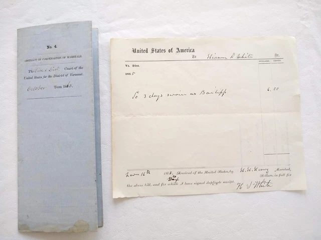 1865 USA Marshal Ephemera District of VT Lot of 2 Receipt & Abstract Antique