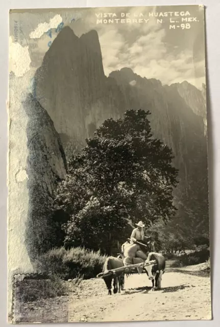 Man in a Cattle Driven Cart Monterrey N.L. Mexico Real Photo Postcard RPPC