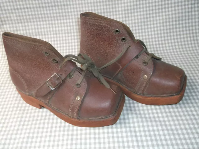 Ancienne Paire Chaussure Galoche Godillot Enfant Cuir Bois 19,5Cm Vers 1915