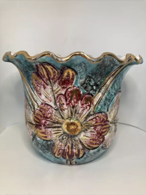 Vtg Italian Majolica Hand Painted Planter/ Vase Numbered Beautiful