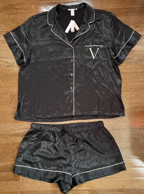 Victoria's Secret black satin pajama set button top & shorts black size XL NWT