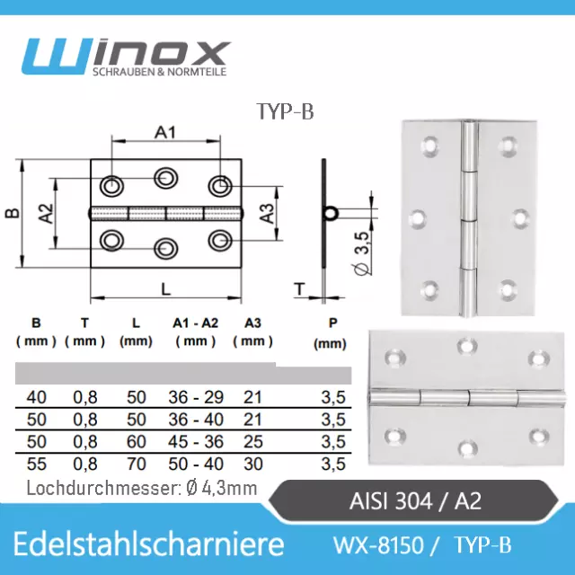 Scharnier Scharniere V2A V4A  Türscharnier Möbelscharnier Türband | 40x50x0,8mm