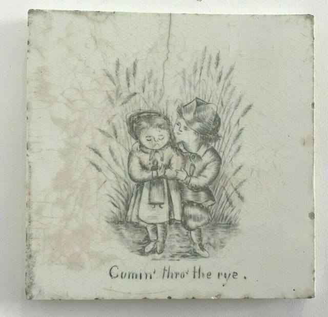 Antique  Circa 1890's Tile Comm "Thro" The Rye Children White & Black Transfer