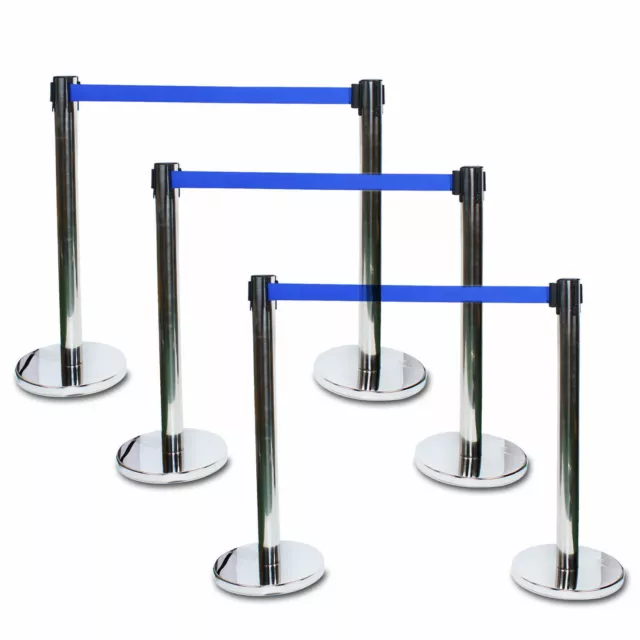 6Pcs Blue Queue Pole Stanchion Retractable Belt Crowd Control Safety Barrier 35"