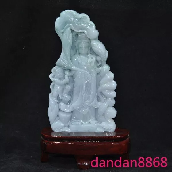 11"China 100% natural Jadeite Emerald Jade Carved Kwan-Yin GuanYin Buddha statue