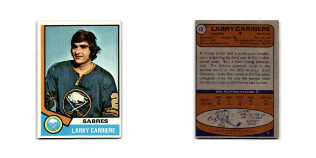 1974 Topps Larry Carriere Buffalo Sabres #43 3