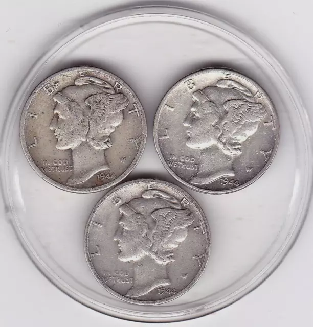 1944  P,  D,  S   Mercury   Dimes  (90% Silver)   3  Coins,  each 10  Cents.