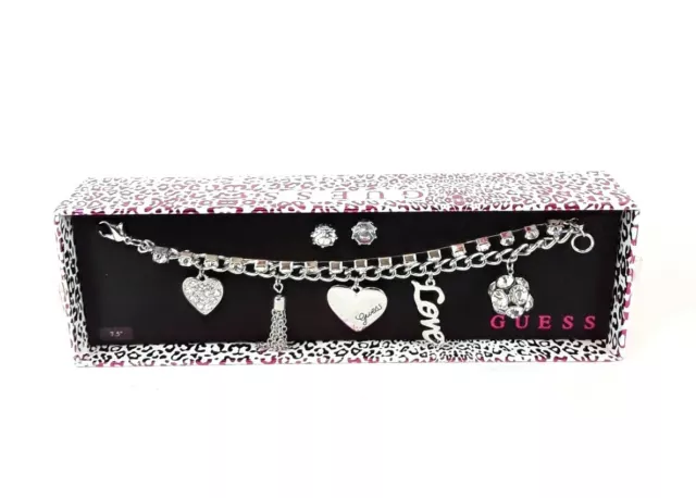 GUESS Womens Rhinestone Heart Love Charm Bracelet Earring Bling Set New NIB