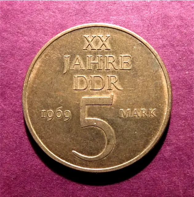 EAST GERMANY-1969 5 MARKS- 20TH ANNIV. GDR. NI/BRNZ. - 9.87g., 29mm., KM#22 HTG1