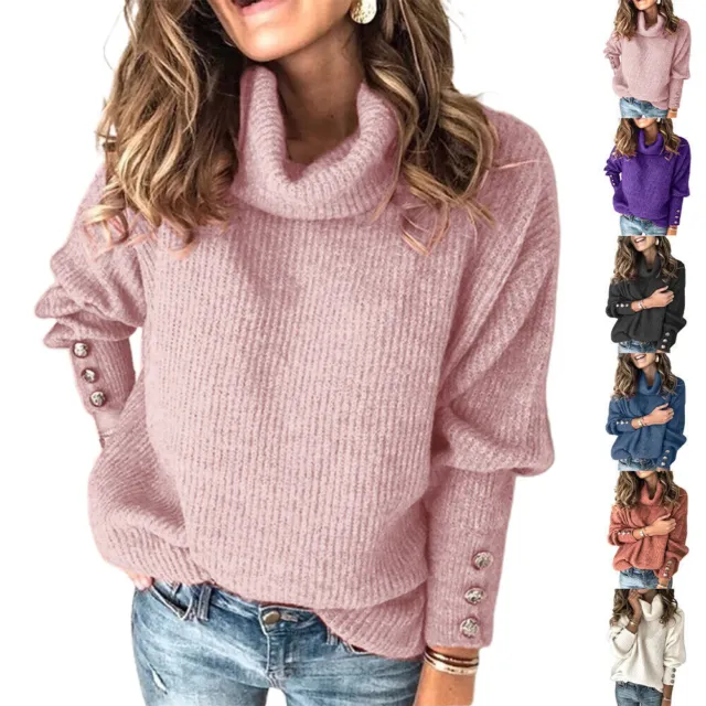 Women Long Sleeve Cowl Neck Knitted Jumper Pullover Sweater Tops Warm Winter