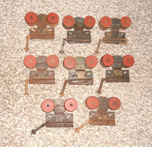 Lot Of 8 Antique Barn Door Roller Rollers Farm Hangers Track Metal Wood Salvage