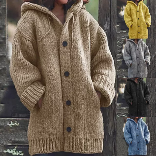 Lange Dicke Damen-Strickjacke Mit Kapuze Wintermantel Strickpullover Ⓖ