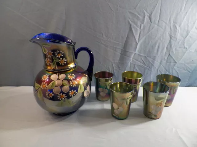 Northwood Blue Carnival Glass Cherries & Little Flowers Water Set Pitcher INV2