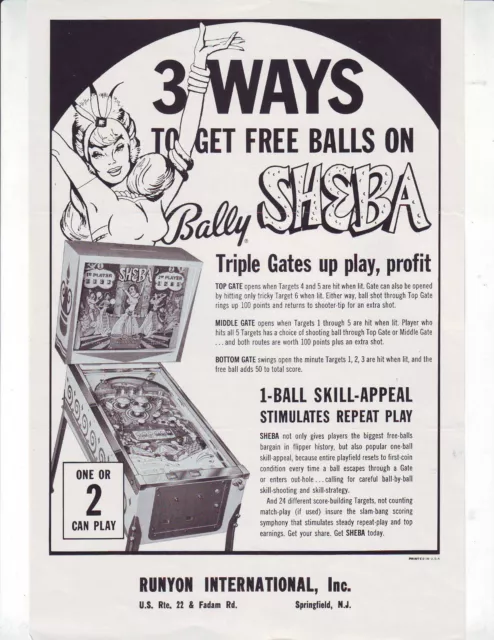 SHEBA ORIGINAL PINBALL MACHINE FLYER  1964 Vintage Retro Artwork Promo