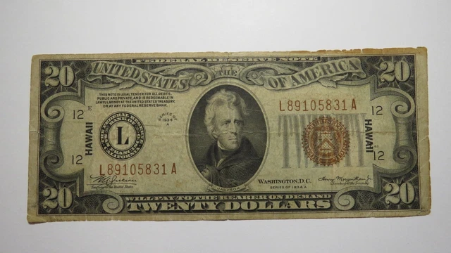 $20 1934-A Hawaii Silver Certificate Brown Seal WWII Emergency Issue Bill FINE+