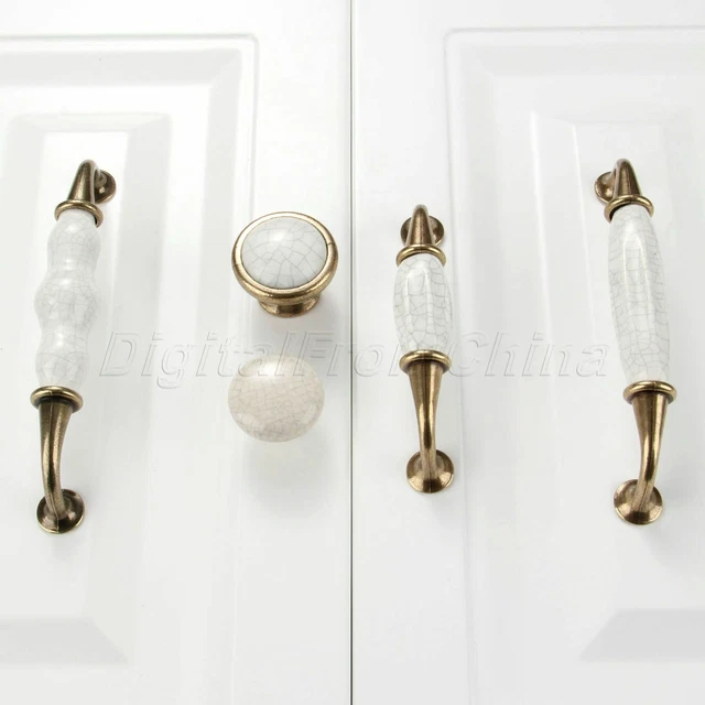 Antique White Ceramic Crack Cabinet Door Cupboard Drawer Knob Pull Handles Retro