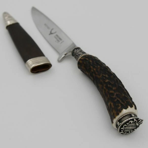 Cuchillo Con Funda de Cuero Caza Cuerno Ciervo Asa Decoración Escudo