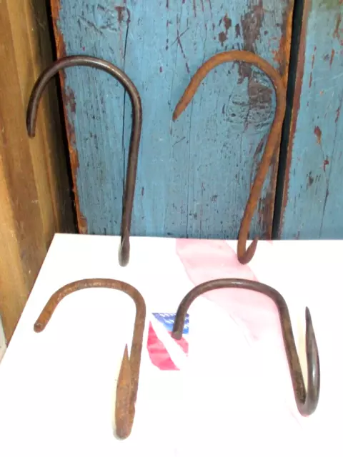 4 Antique Primitive Blacksmith Forged Rusty Wrought Iron S Shaped Meat Hooks