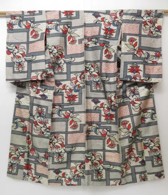 1614T06z530 Vintage Japanese Kimono Silk MEISEN KOMON Light gray Flower