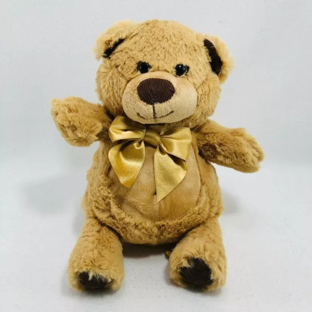 First Main Bear Plush 1165 12" Brown Beige Gold Ribbon Bow Soft Toy Cuddle Sit