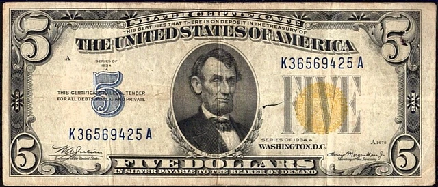 $5 Five Dollar 1934 A Silver Certificate FR 2307 Yellow Seal North Africa WWII