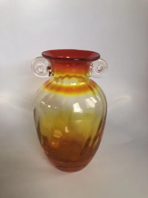 MCM Amberina Hand Blown Vase Orange Red Greek Urn Applied Handles 7”