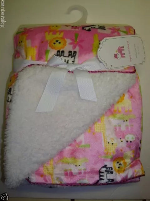 New Super Soft Sherpa Plush Baby Girl Blanket 30 x 40" Safari Animals Pink