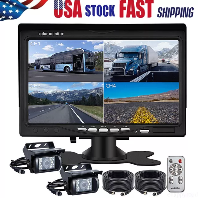 7'' Backup Camera Quad Monitor Kit Split Screen Rear View Reverse for Car Truck